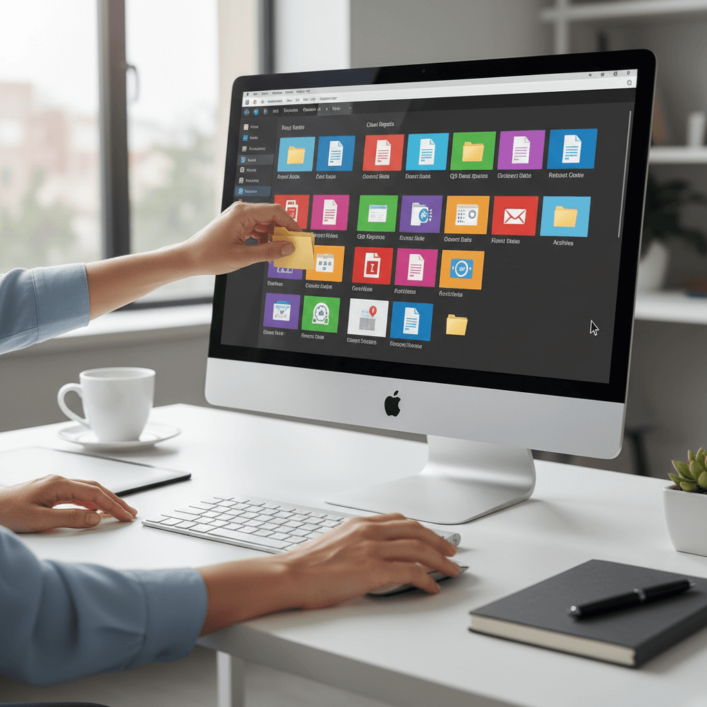 Organized workspace with documents and laptop