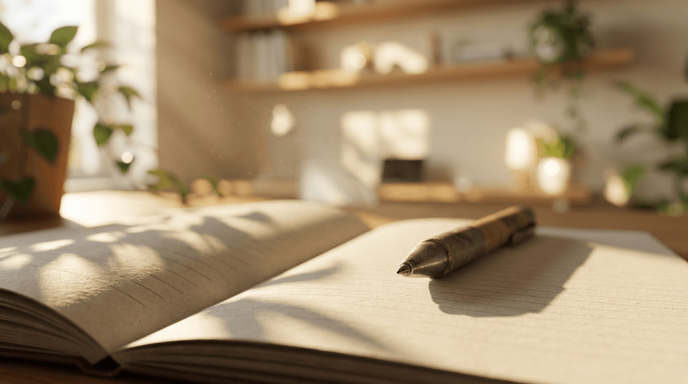 Organized home office workspace with documents and laptop in natural light