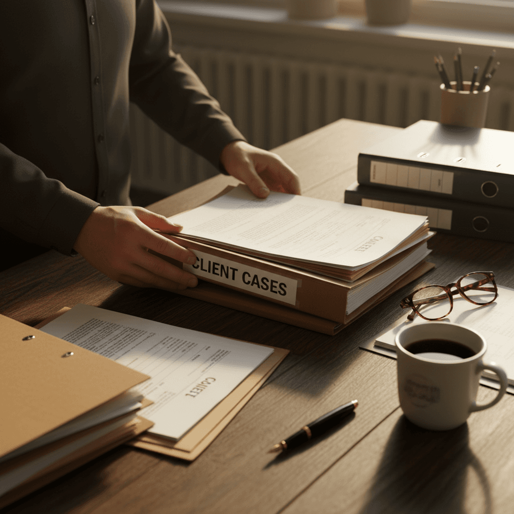 Hands holding organized document folder