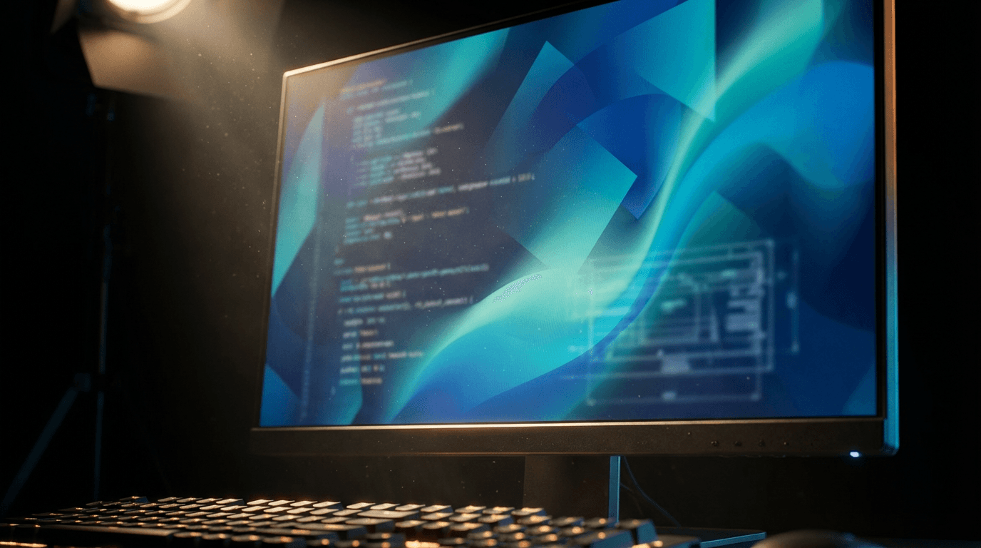 Video player interface on computer screen in bright home office